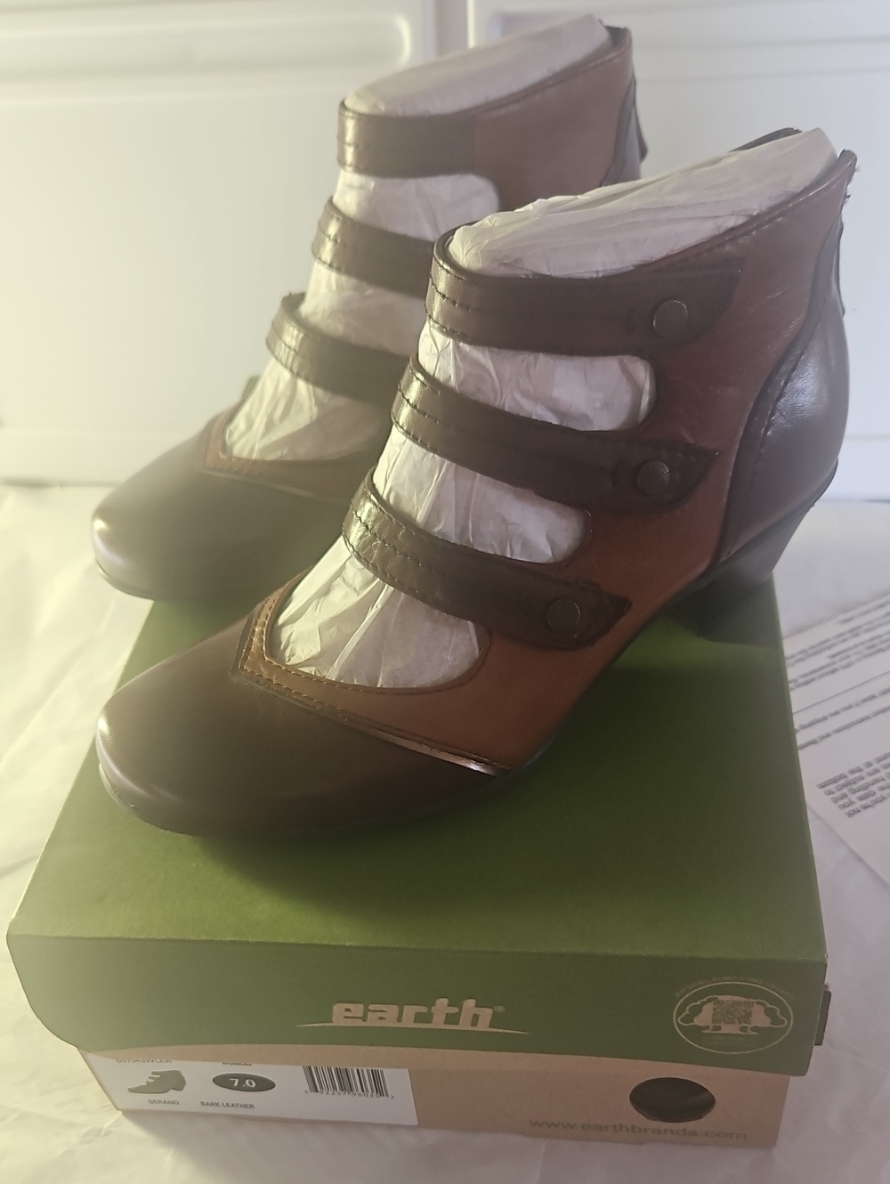 Earth Brown Two-Tone Strappy Ankle Boots